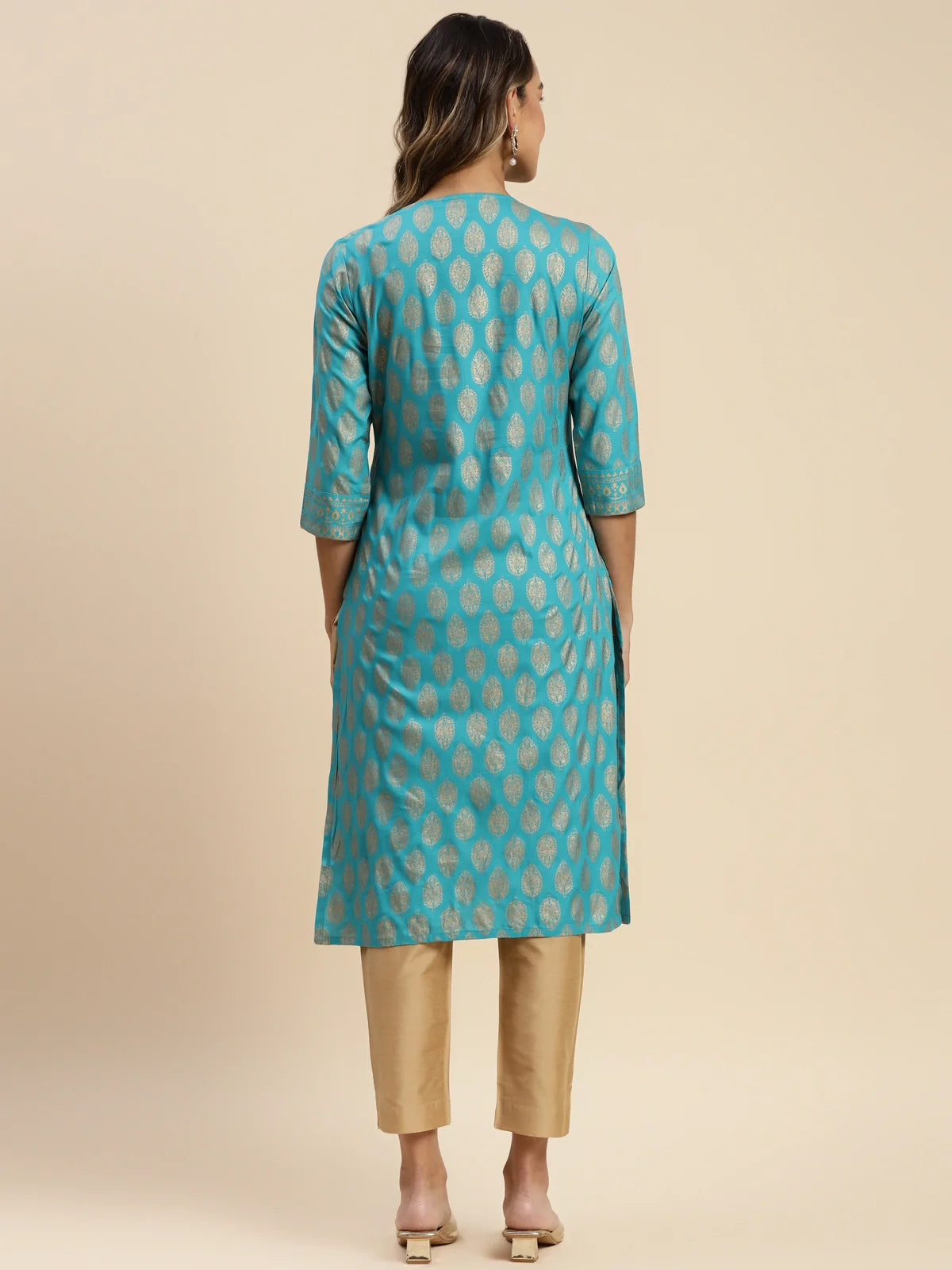 Buy Rayon Gold Printed Knee Length Straight Kurta-Turquoise