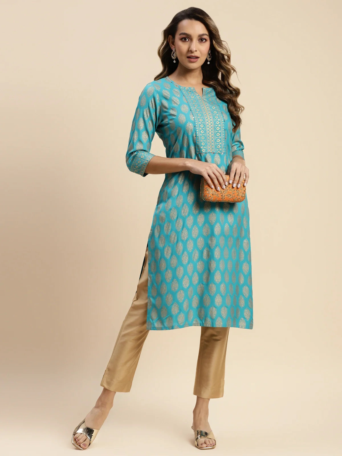 Buy Rayon Gold Printed Knee Length Straight Kurta-Turquoise