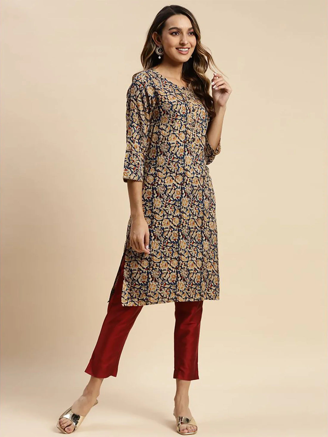 Buy 100% Rayon Floral Printed Knee Length Straight Kurta-Navy Blue