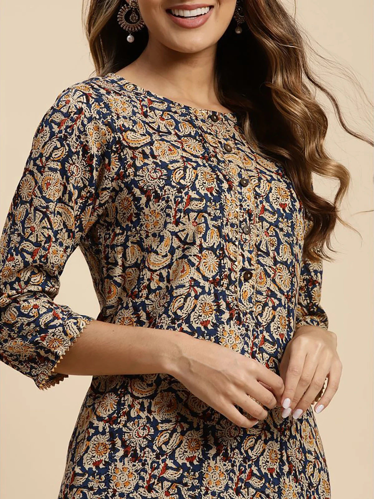 Buy 100% Rayon Floral Printed Knee Length Straight Kurta-Navy Blue