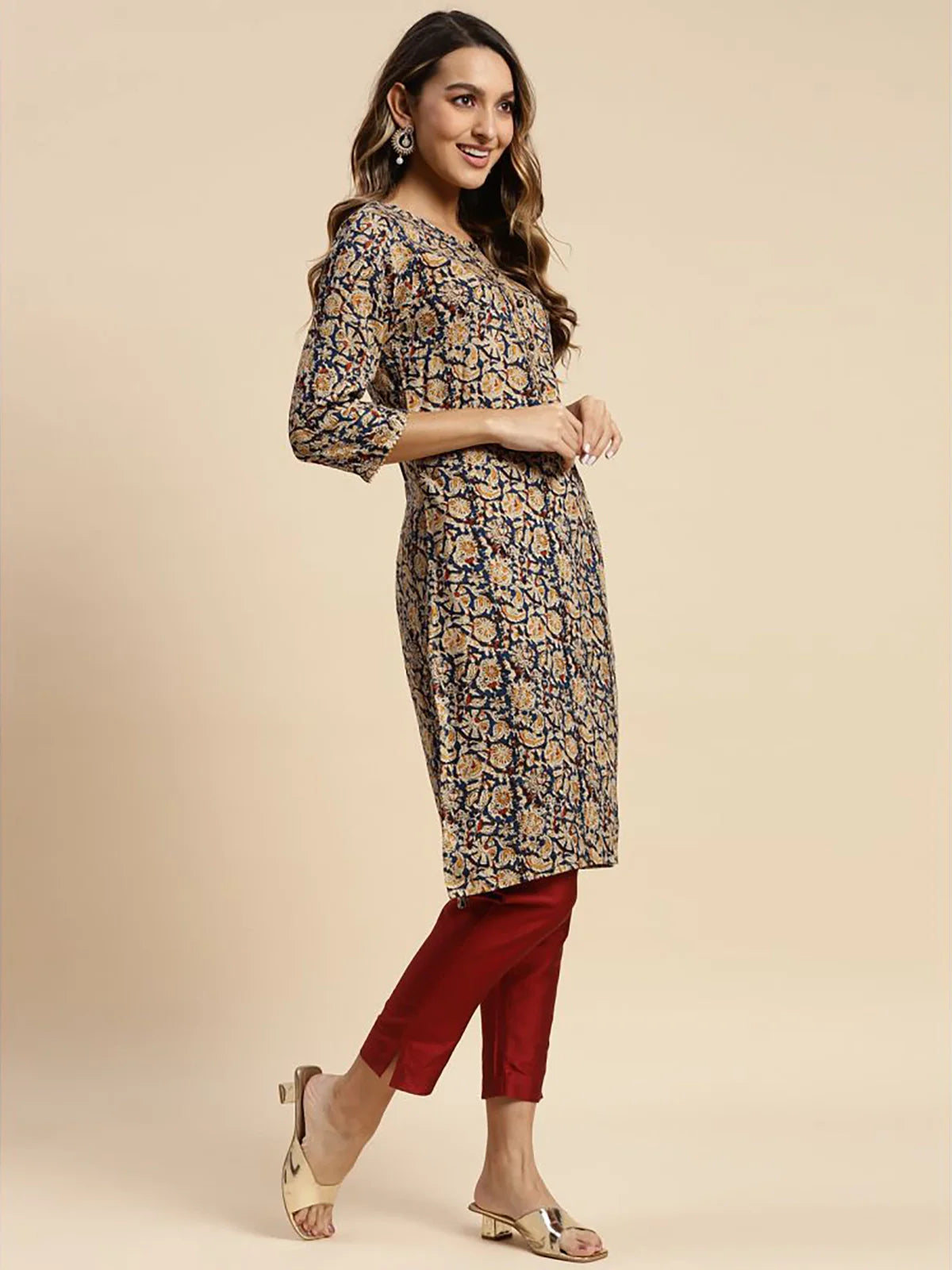 Buy 100% Rayon Floral Printed Knee Length Straight Kurta-Navy Blue