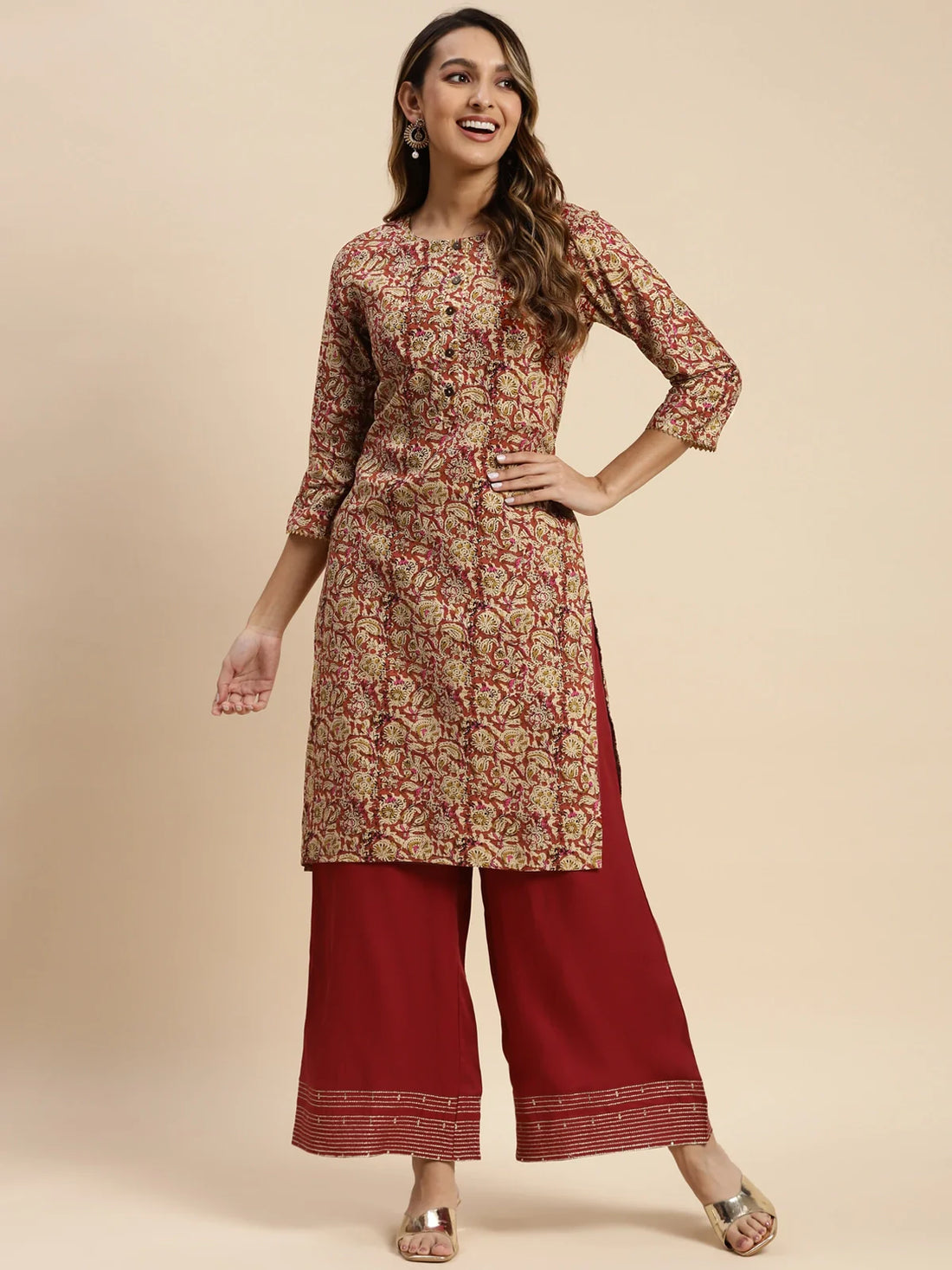 Buy 100% Rayon Floral Printed Knee Length Straight Kurta-Rust