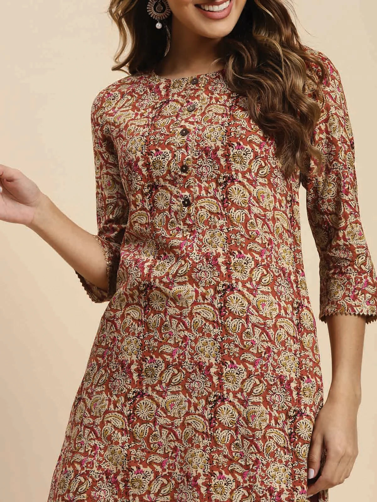 Buy 100% Rayon Floral Printed Knee Length Straight Kurta-Rust