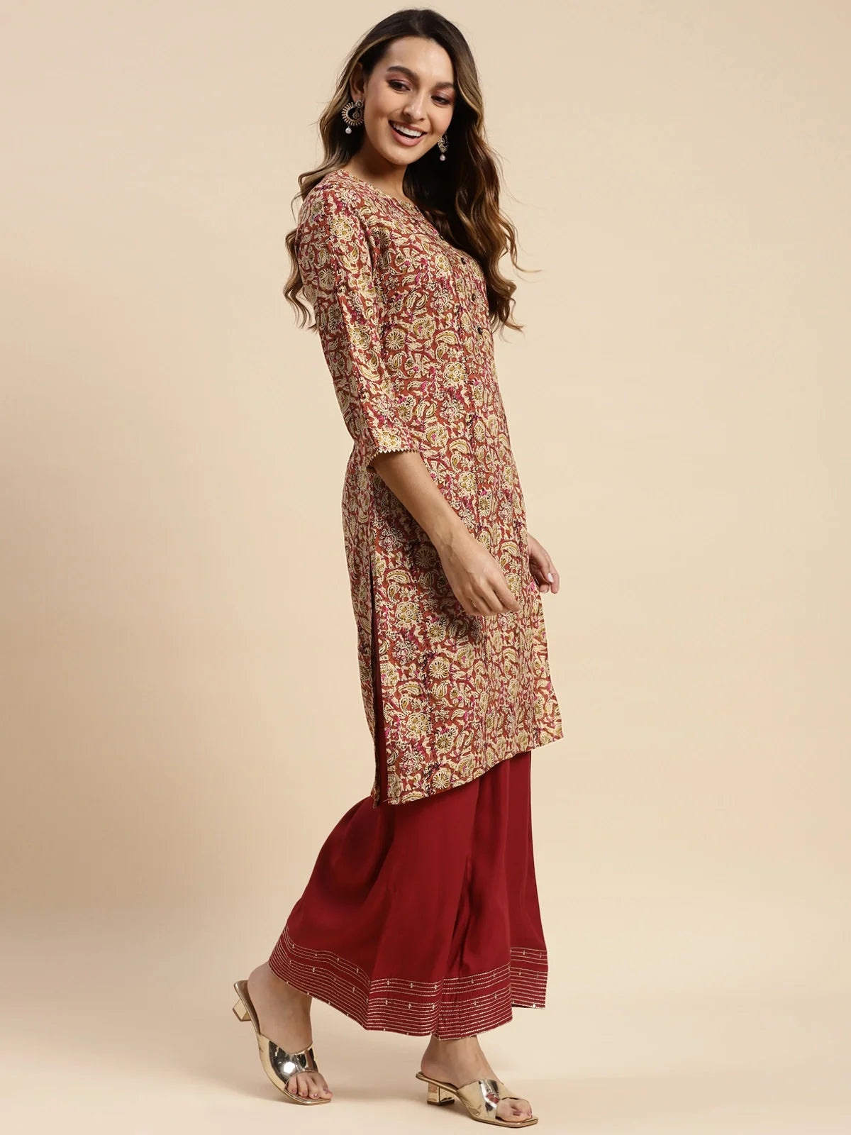 Buy 100% Rayon Floral Printed Knee Length Straight Kurta-Rust