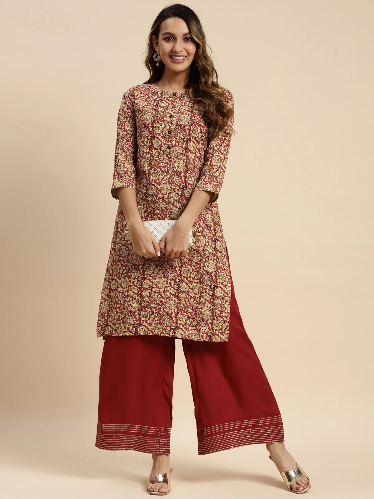 Buy 100% Rayon Floral Printed Knee Length Straight Kurta-Rust