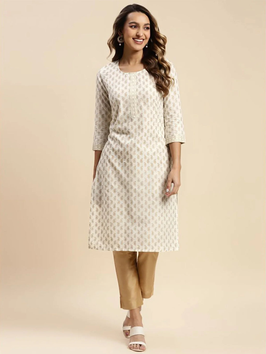 Buy Cotton All Over Paisley Printed Knee Length Straight Kurta-Off White