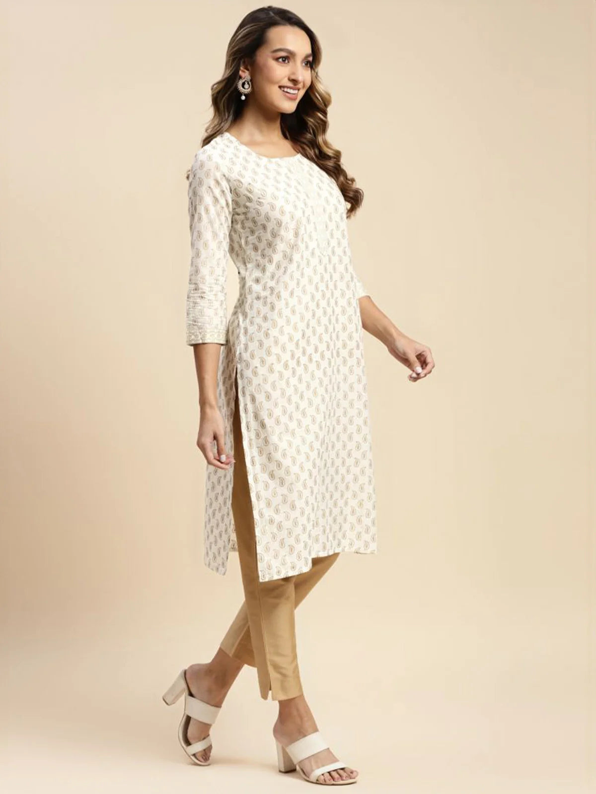 Buy Cotton All Over Paisley Printed Knee Length Straight Kurta-Off White