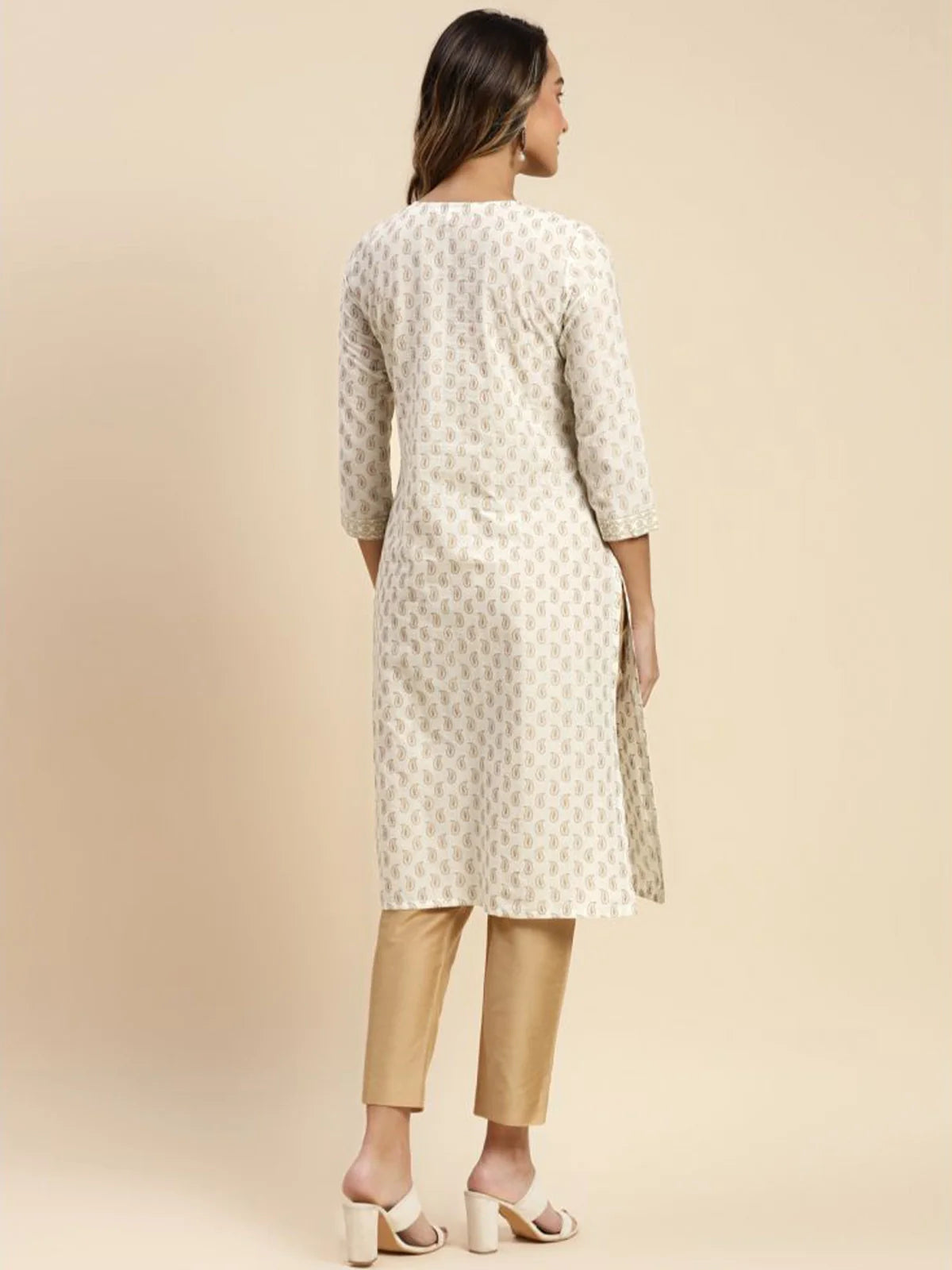 Buy Cotton All Over Paisley Printed Knee Length Straight Kurta-Off White