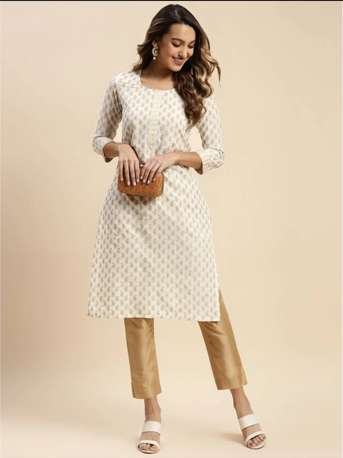 Buy Cotton All Over Paisley Printed Knee Length Straight Kurta-Off White