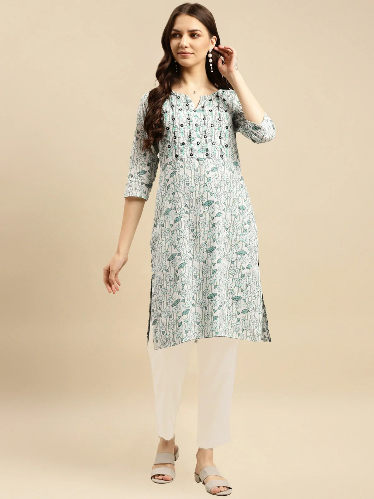 Buy Cotton Printed Knee Length Straight Kurta With Pant-Green