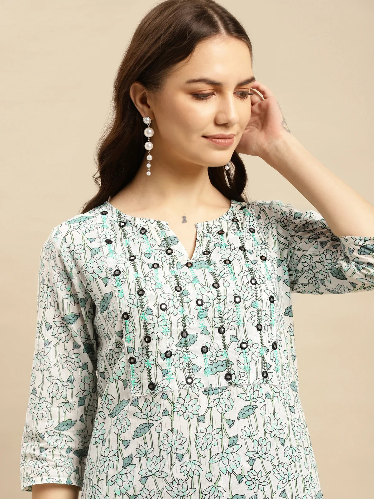 Buy Cotton Printed Knee Length Straight Kurta With Pant-Green