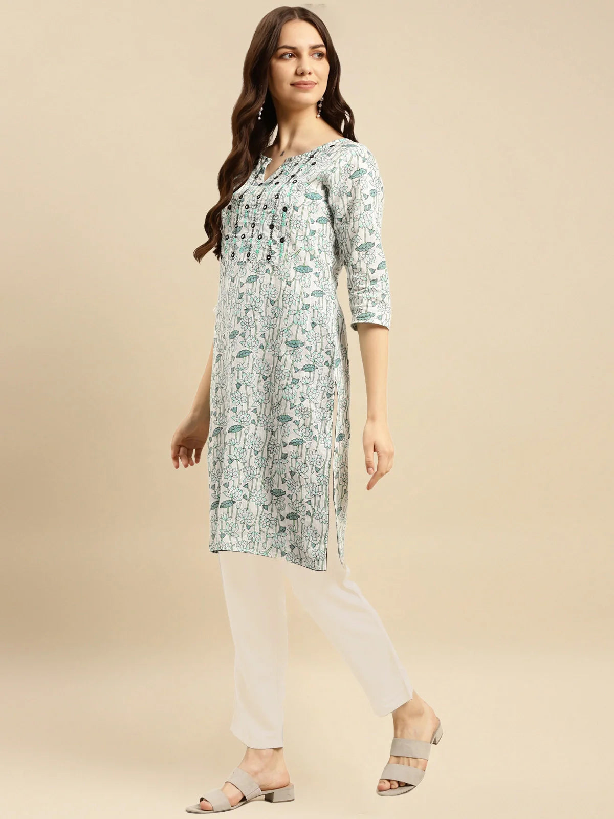 Buy Cotton Printed Knee Length Straight Kurta With Pant-Green