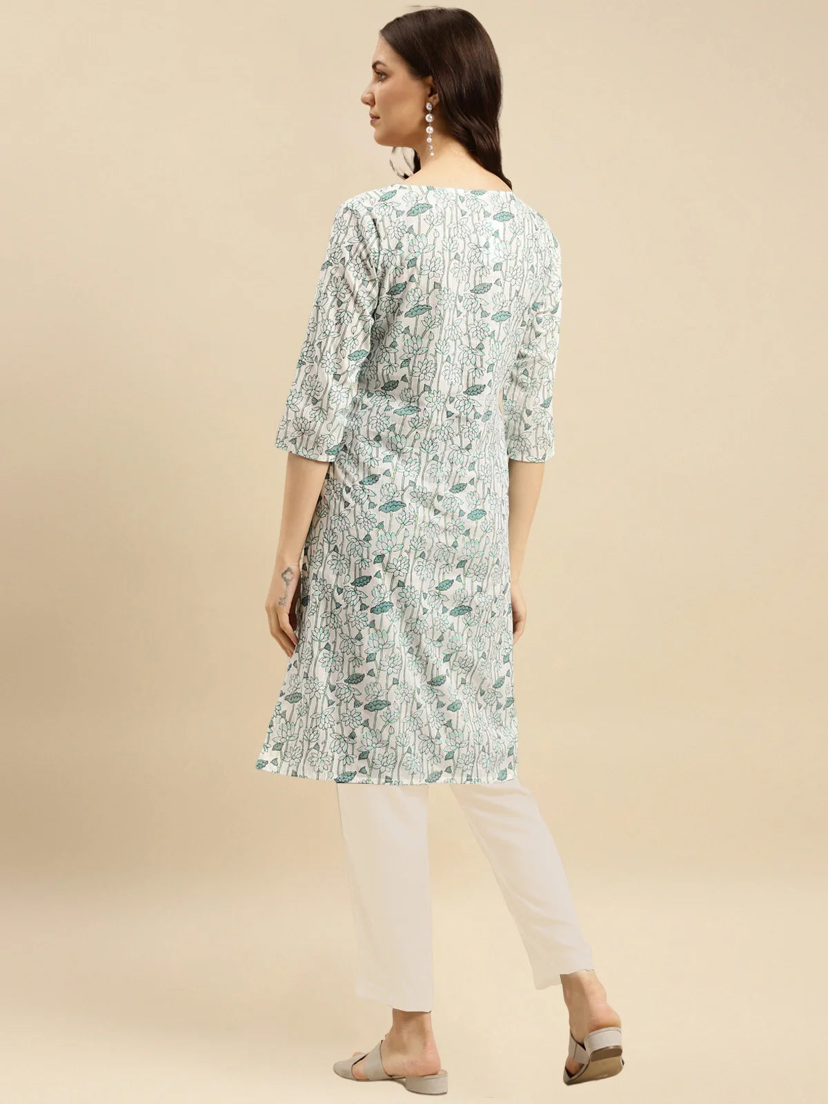 Buy Cotton Printed Knee Length Straight Kurta With Pant-Green