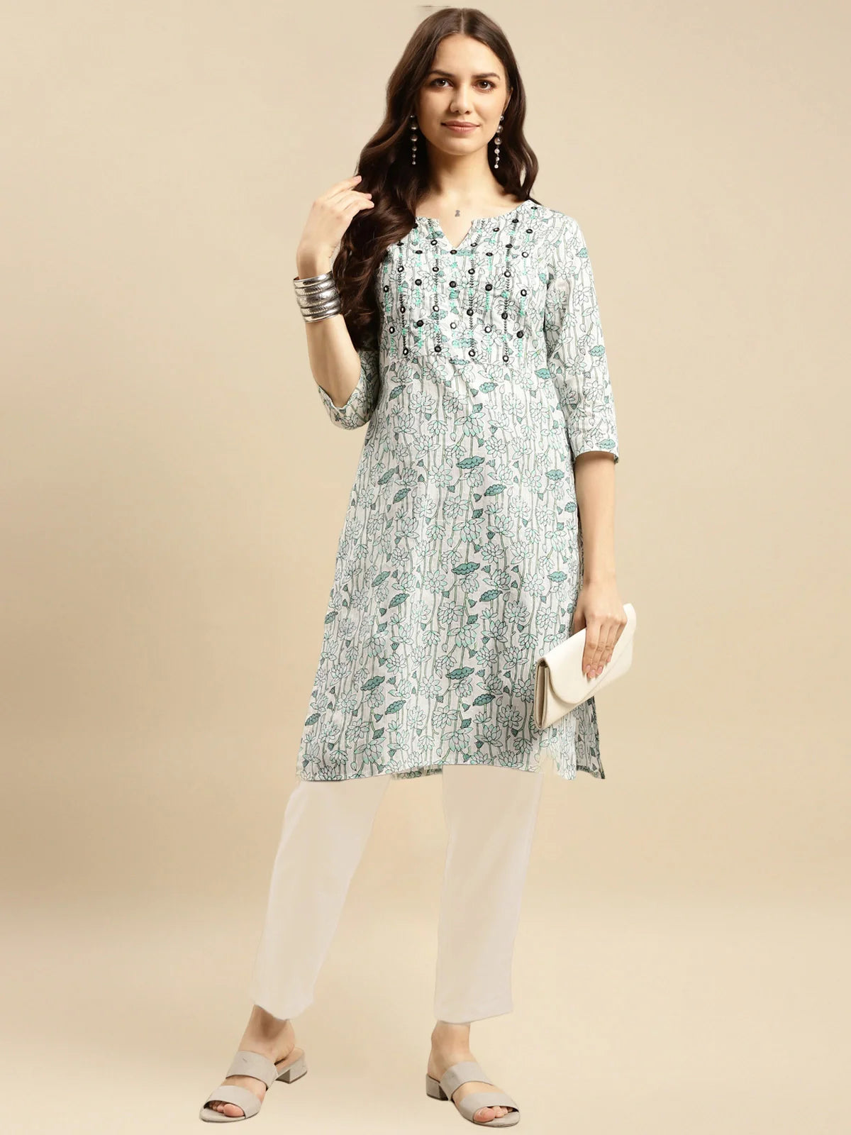 Buy Cotton Printed Knee Length Straight Kurta With Pant-Green