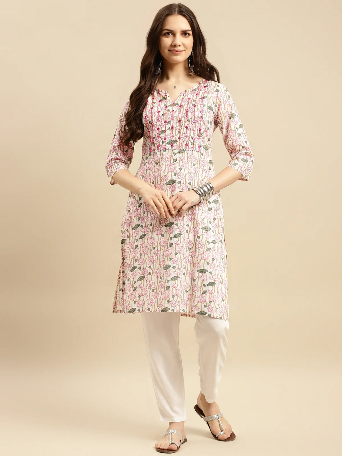 Buy Cotton Printed Knee Length Straight Kurta With Pant-Pink