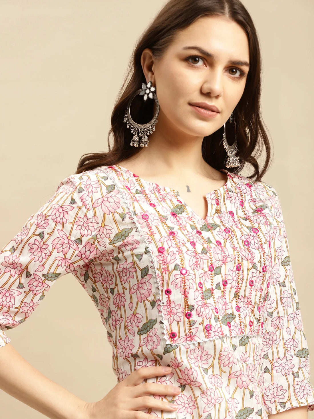 Buy Cotton Printed Knee Length Straight Kurta With Pant-Pink