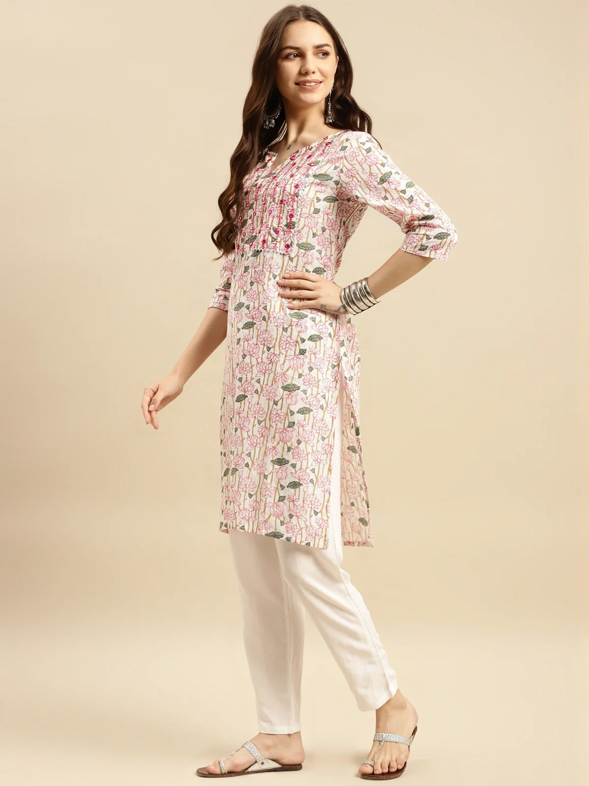 Buy Cotton Printed Knee Length Straight Kurta With Pant-Pink