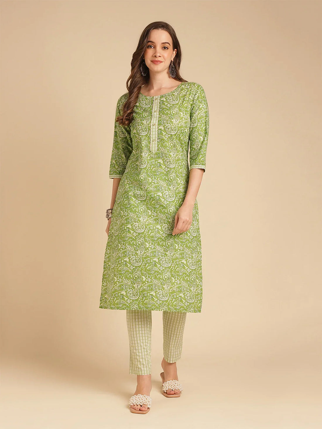 Buy Cotton Floral Printed Calf Length Straight Kurta With Pant-Green