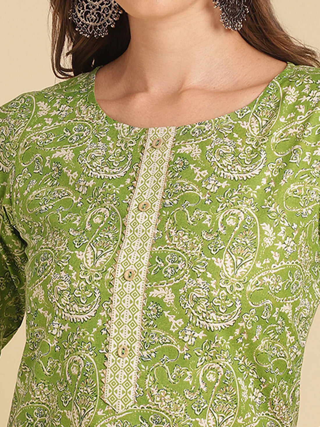 Buy Cotton Floral Printed Calf Length Straight Kurta With Pant-Green