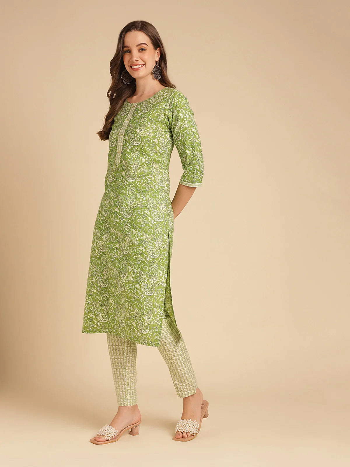 Buy Cotton Floral Printed Calf Length Straight Kurta With Pant-Green