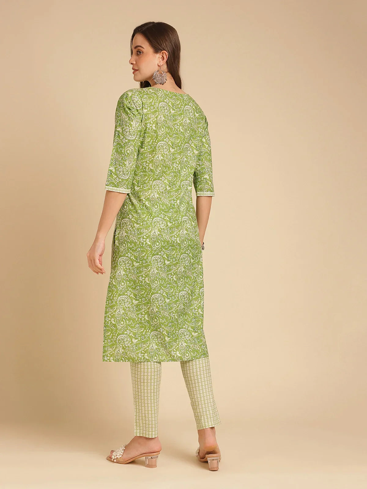 Buy Cotton Floral Printed Calf Length Straight Kurta With Pant-Green