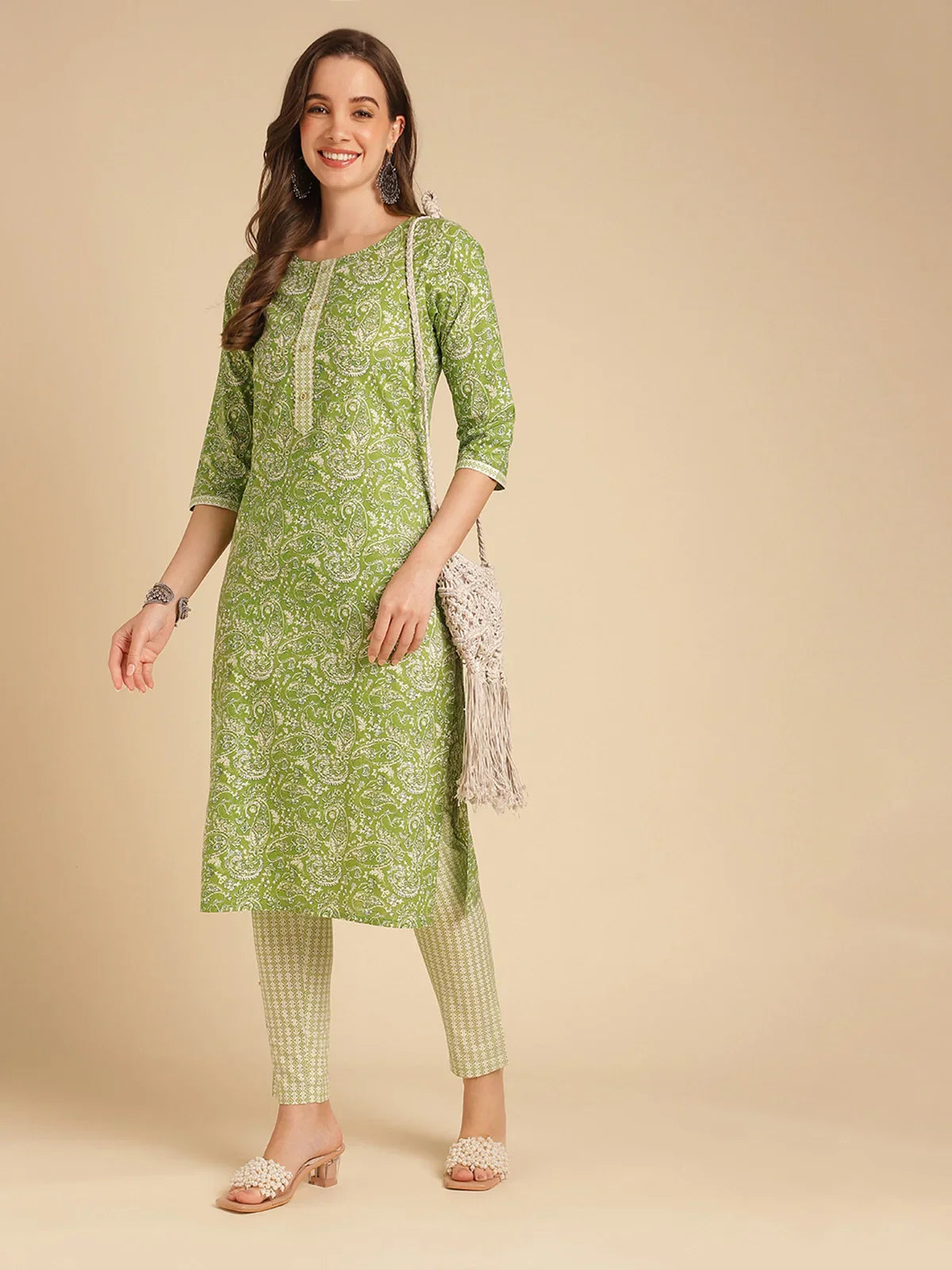 Buy Cotton Floral Printed Calf Length Straight Kurta With Pant-Green