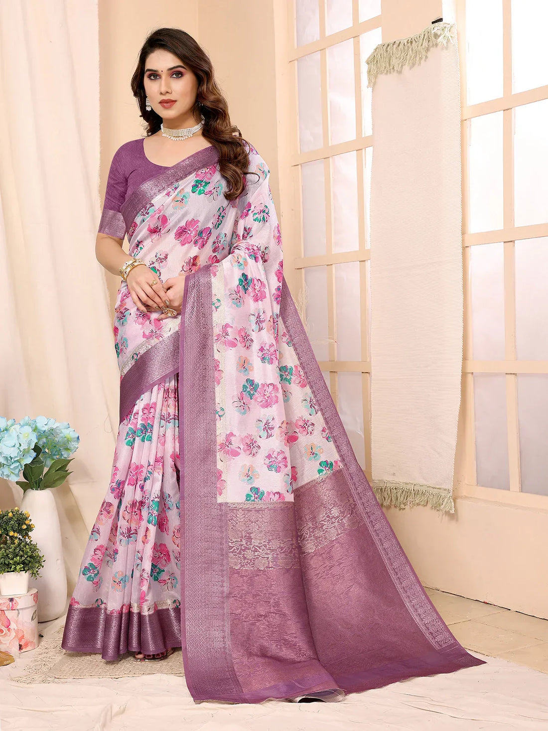 Buy Digital Print Art Silk Saree With Blouse Piece-Pink