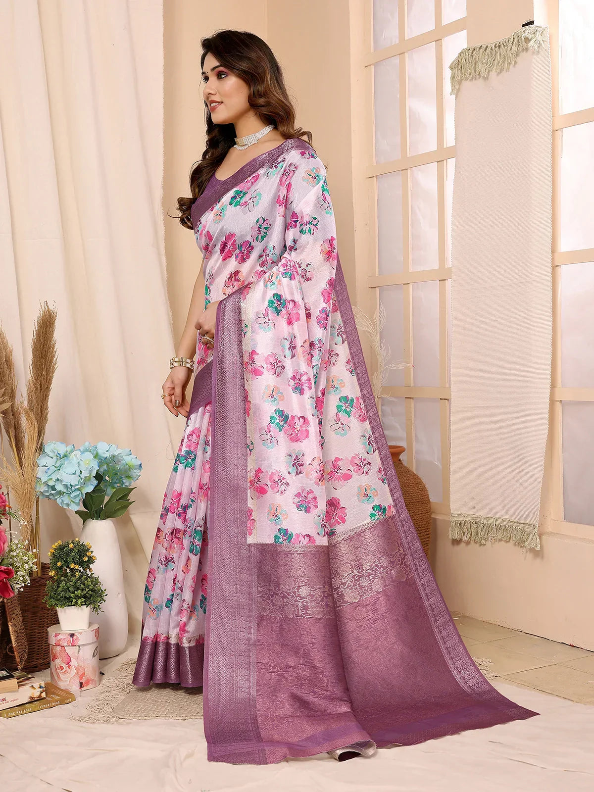 Buy Digital Print Art Silk Saree With Blouse Piece-Pink