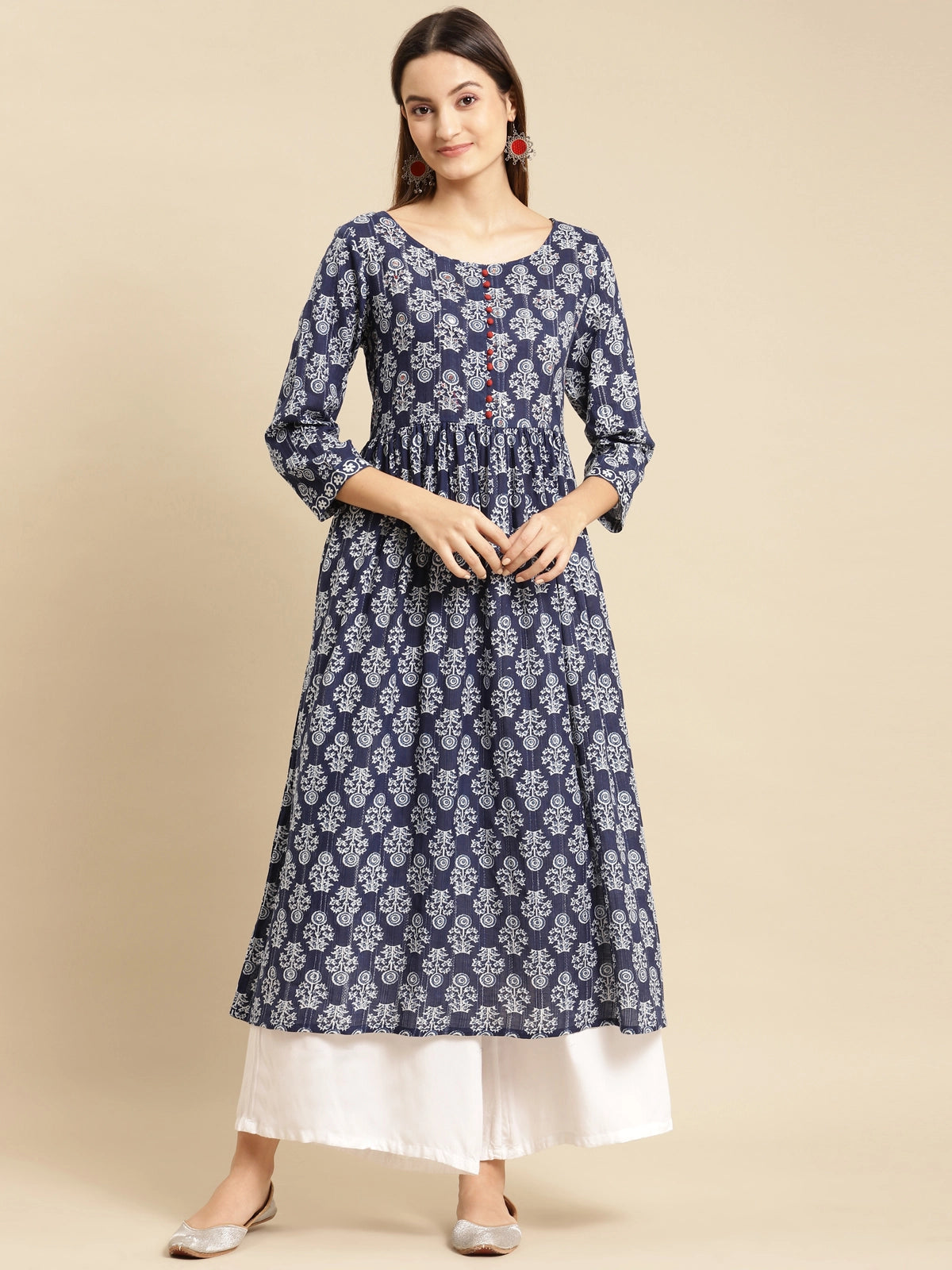 Buy 100% Cotton Printed Calf Length Kurta Gathered At Waist-Blue