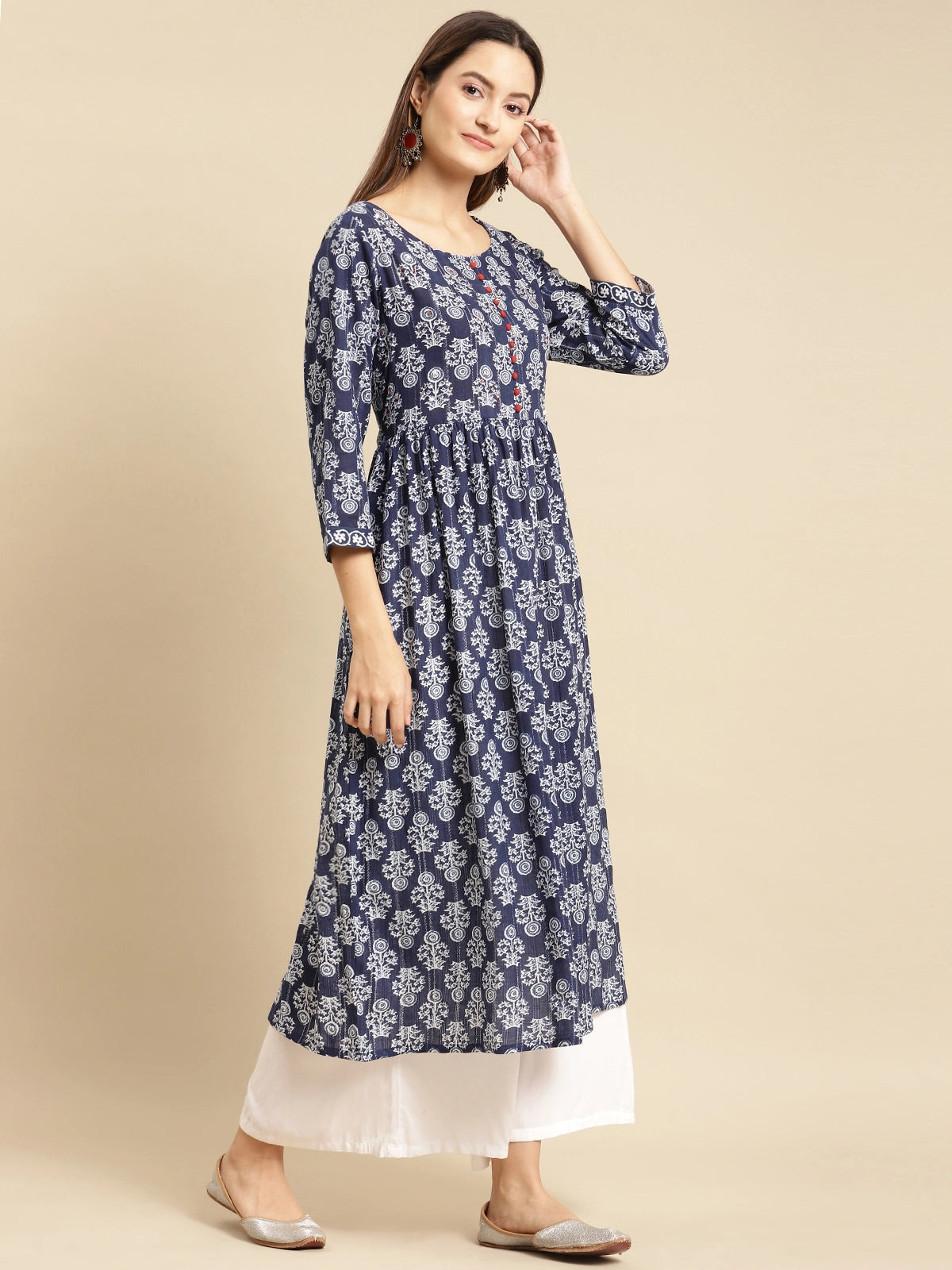 Buy 100% Cotton Printed Calf Length Kurta Gathered At Waist-Blue