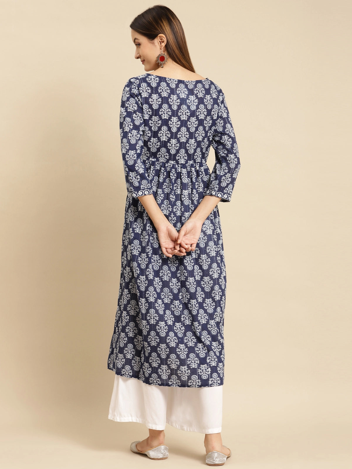 Buy 100% Cotton Printed Calf Length Kurta Gathered At Waist-Blue