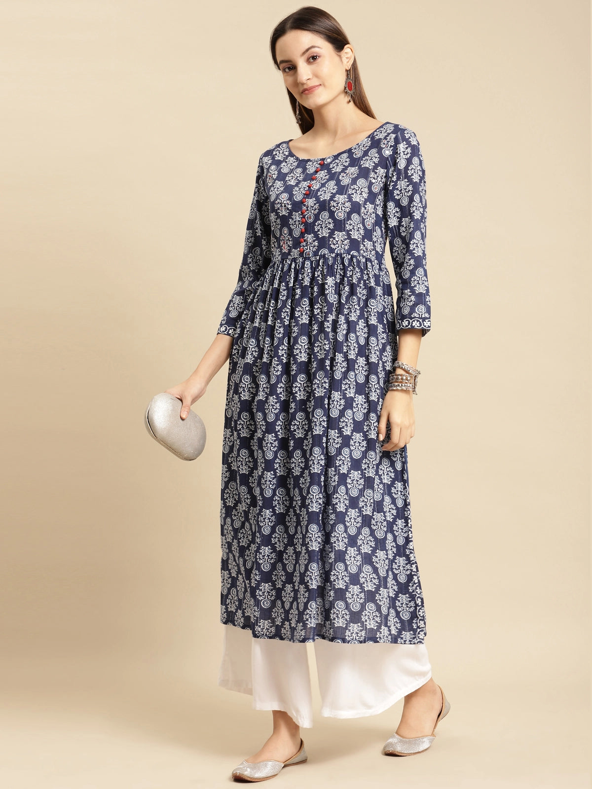 Buy 100% Cotton Printed Calf Length Kurta Gathered At Waist-Blue