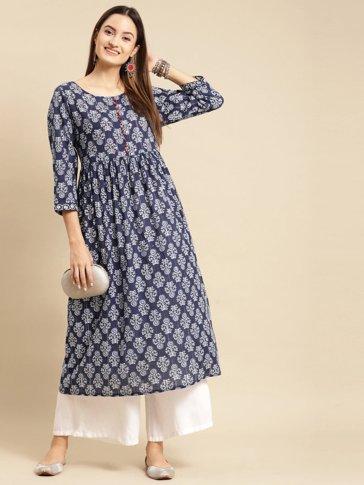 Buy 100% Cotton Printed Calf Length Kurta Gathered At Waist-Blue