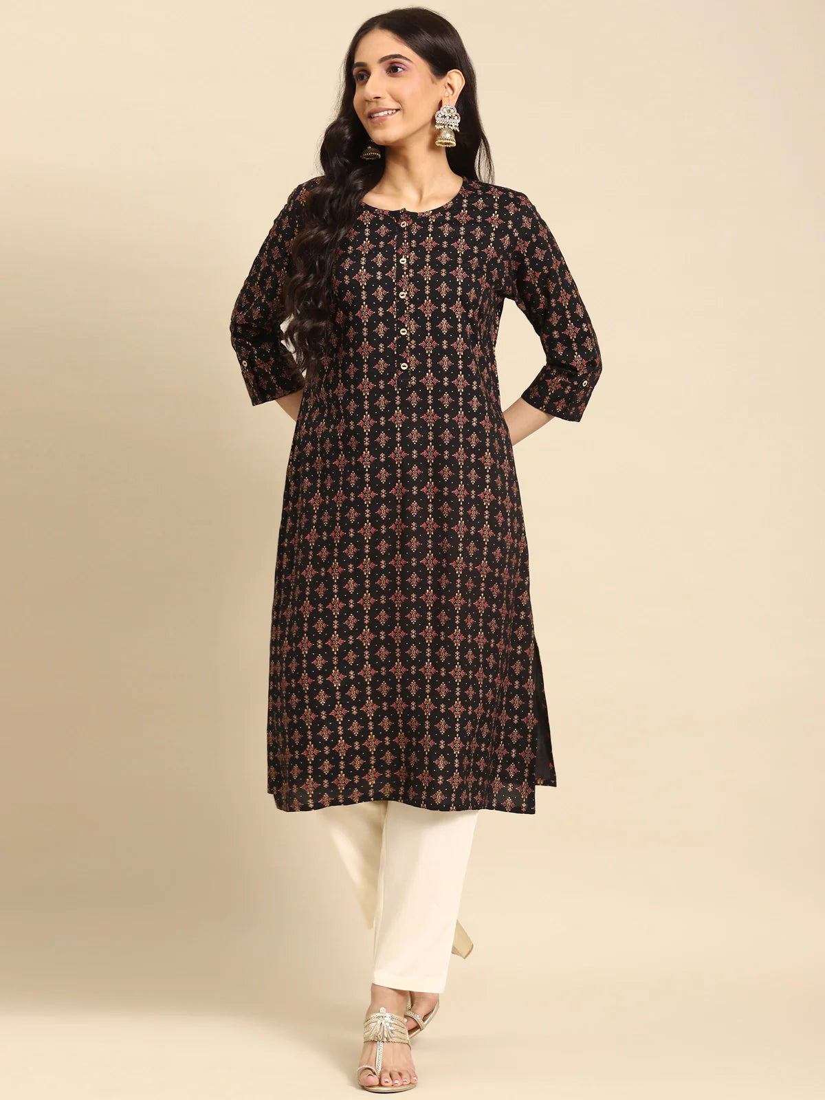 Buy Rayon Gold Printed Calf Length Straight Kurta-Navy Blue