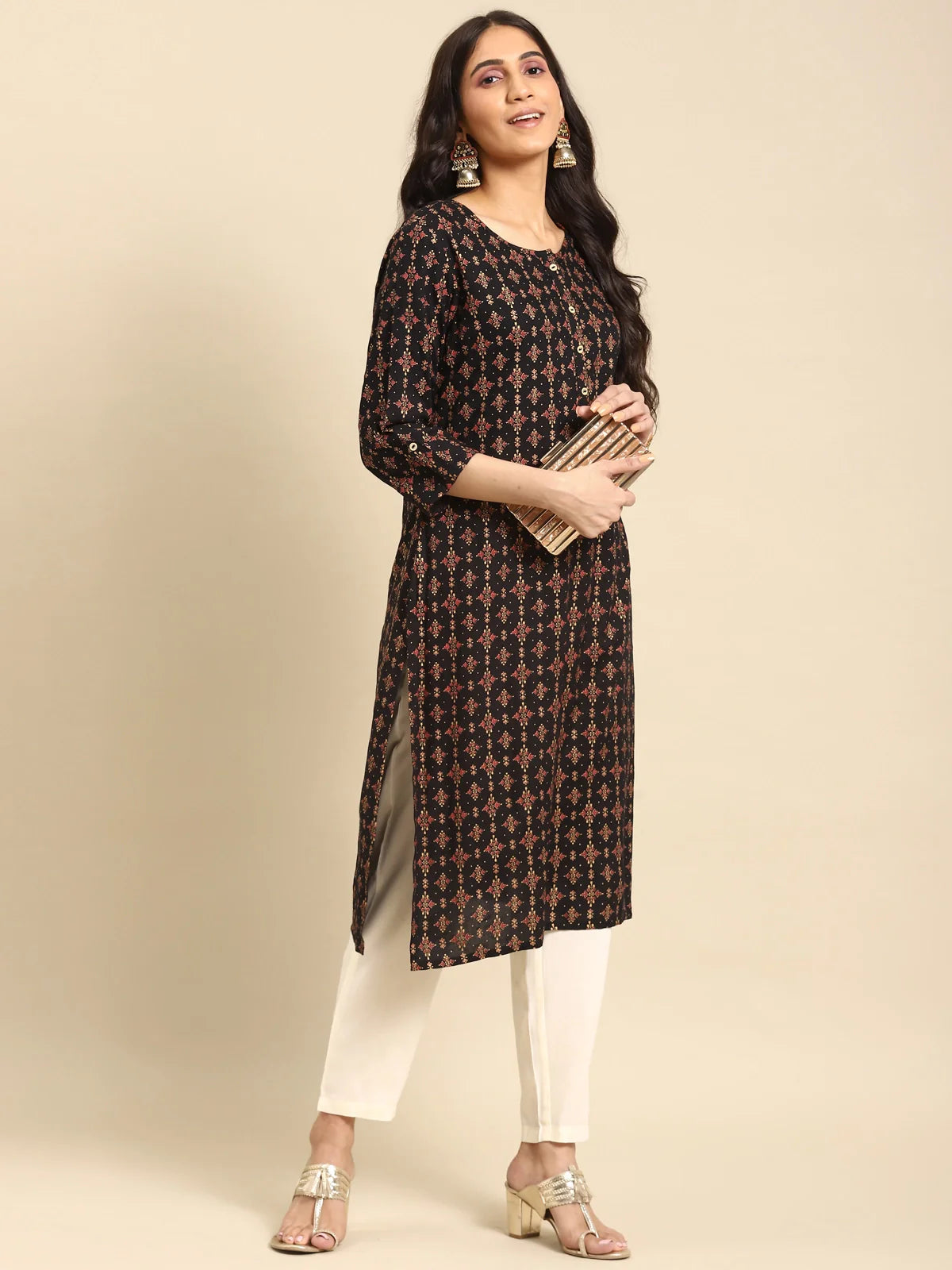 Buy Rayon Gold Printed Calf Length Straight Kurta-Black