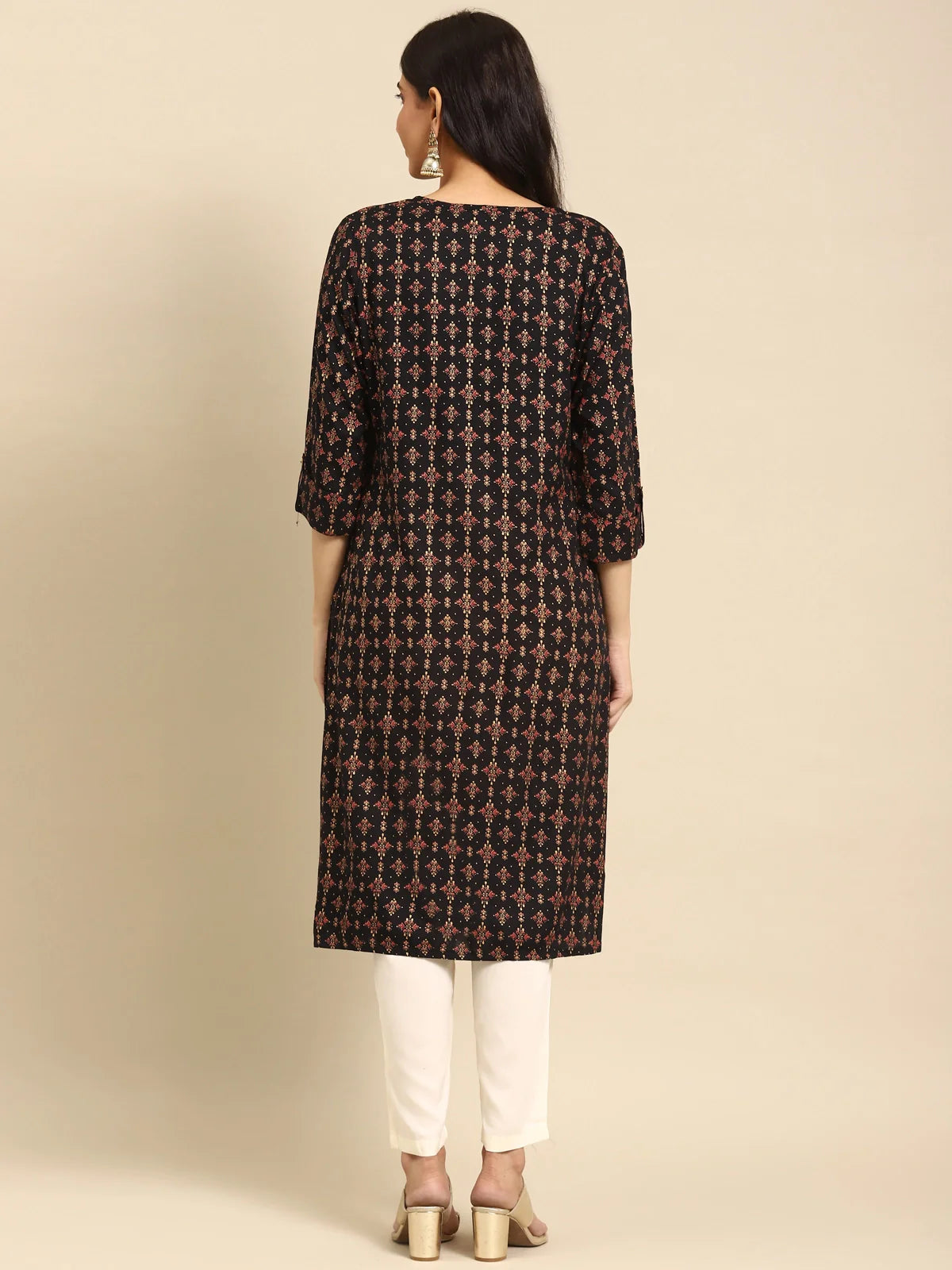 Buy Rayon Gold Printed Calf Length Straight Kurta-Black