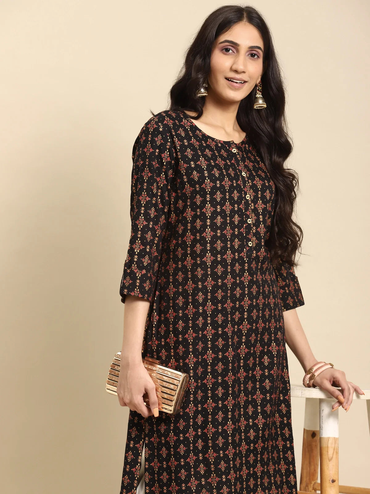 Buy Rayon Gold Printed Calf Length Straight Kurta-Black