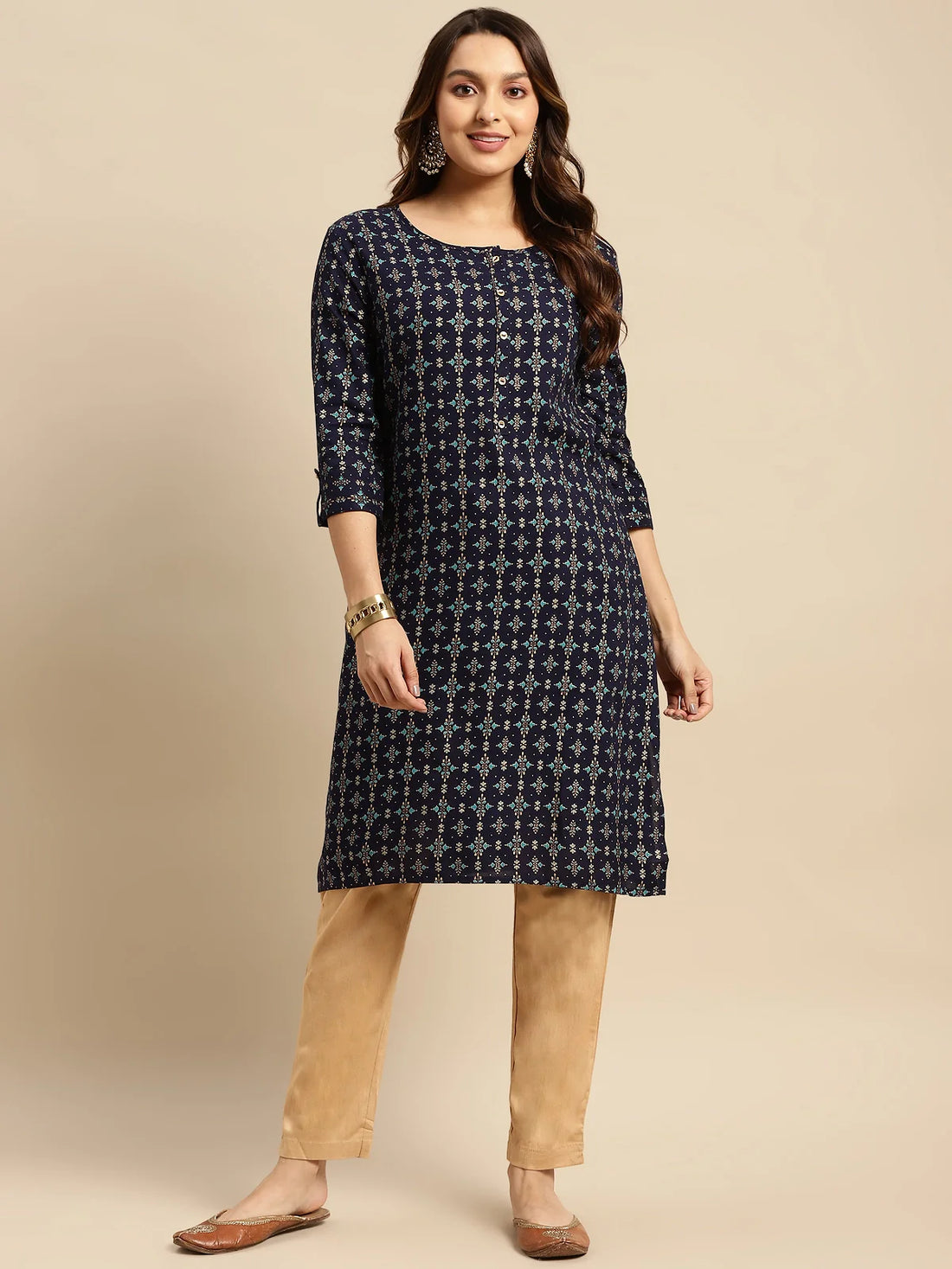 Buy Rayon Gold Printed Calf Length Straight Kurta-Navy Blue