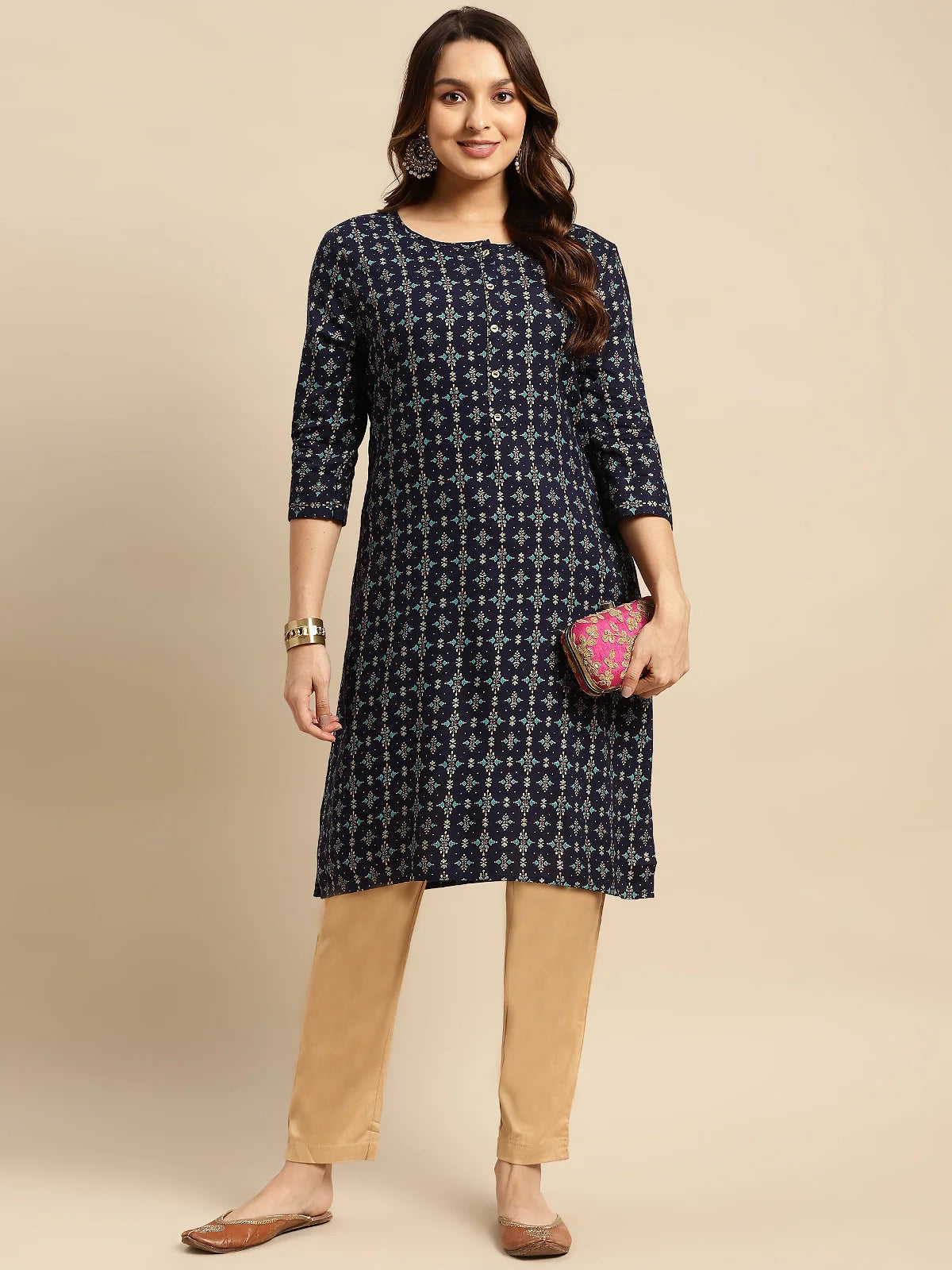 Buy Rayon Gold Printed Calf Length Straight Kurta-Navy Blue