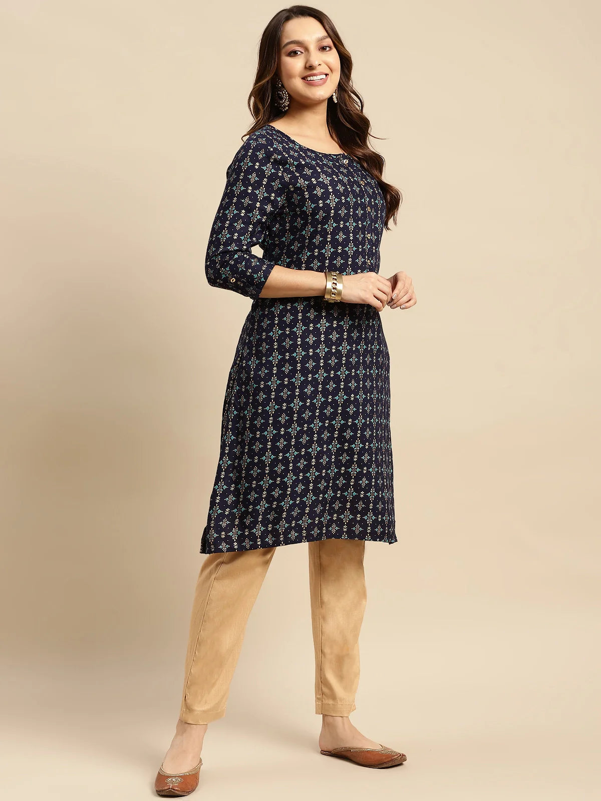 Buy Rayon Gold Printed Calf Length Straight Kurta-Navy Blue