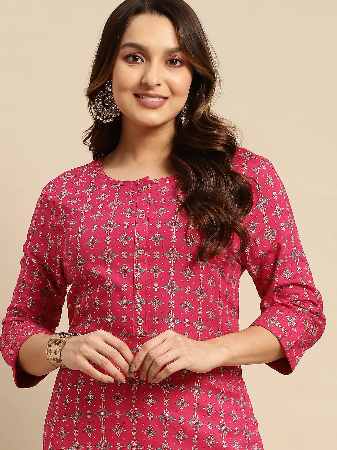 Buy Rayon Gold Printed Calf Length Straight Kurta-Pink