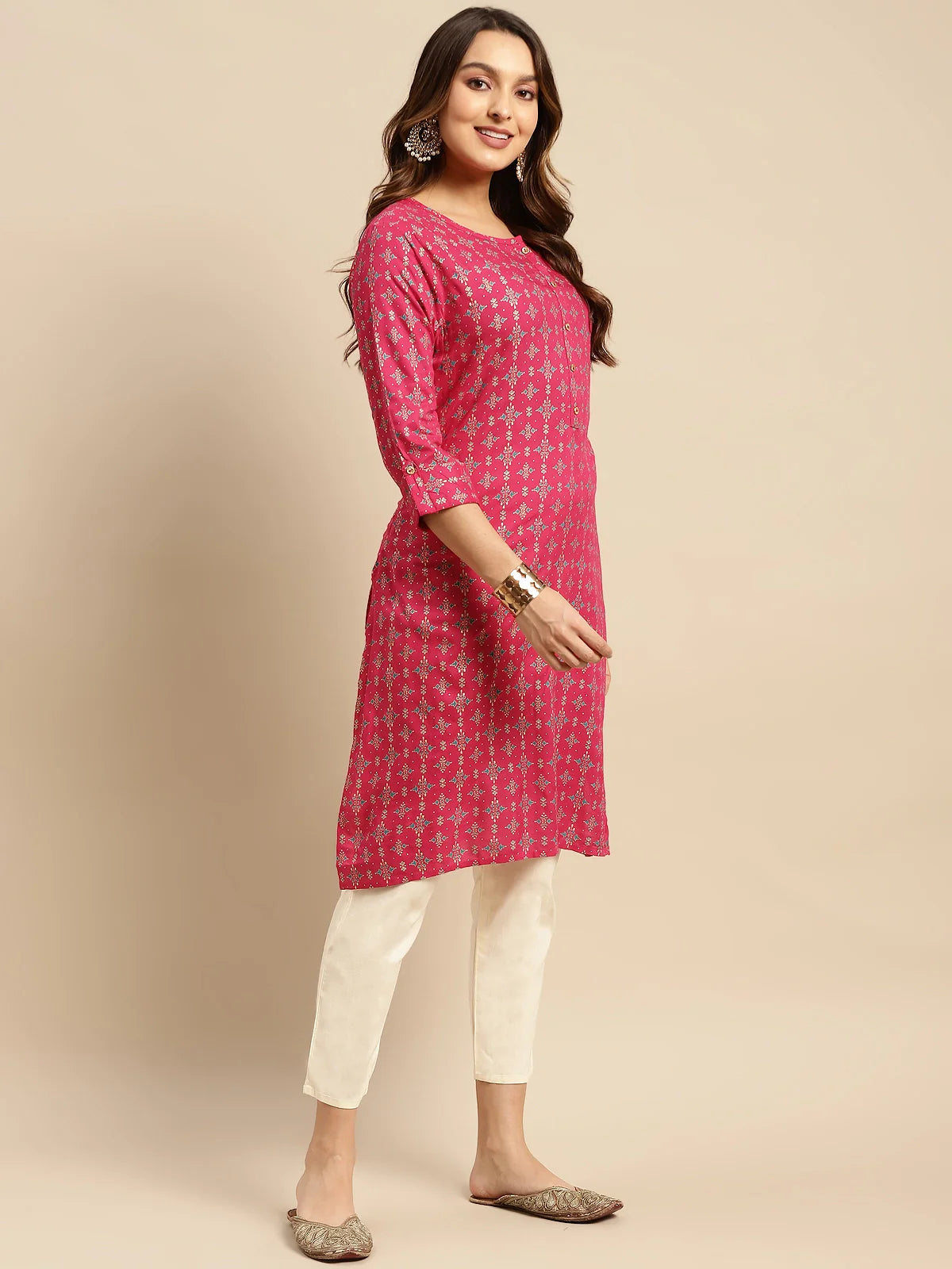 Buy Rayon Gold Printed Calf Length Straight Kurta-Pink