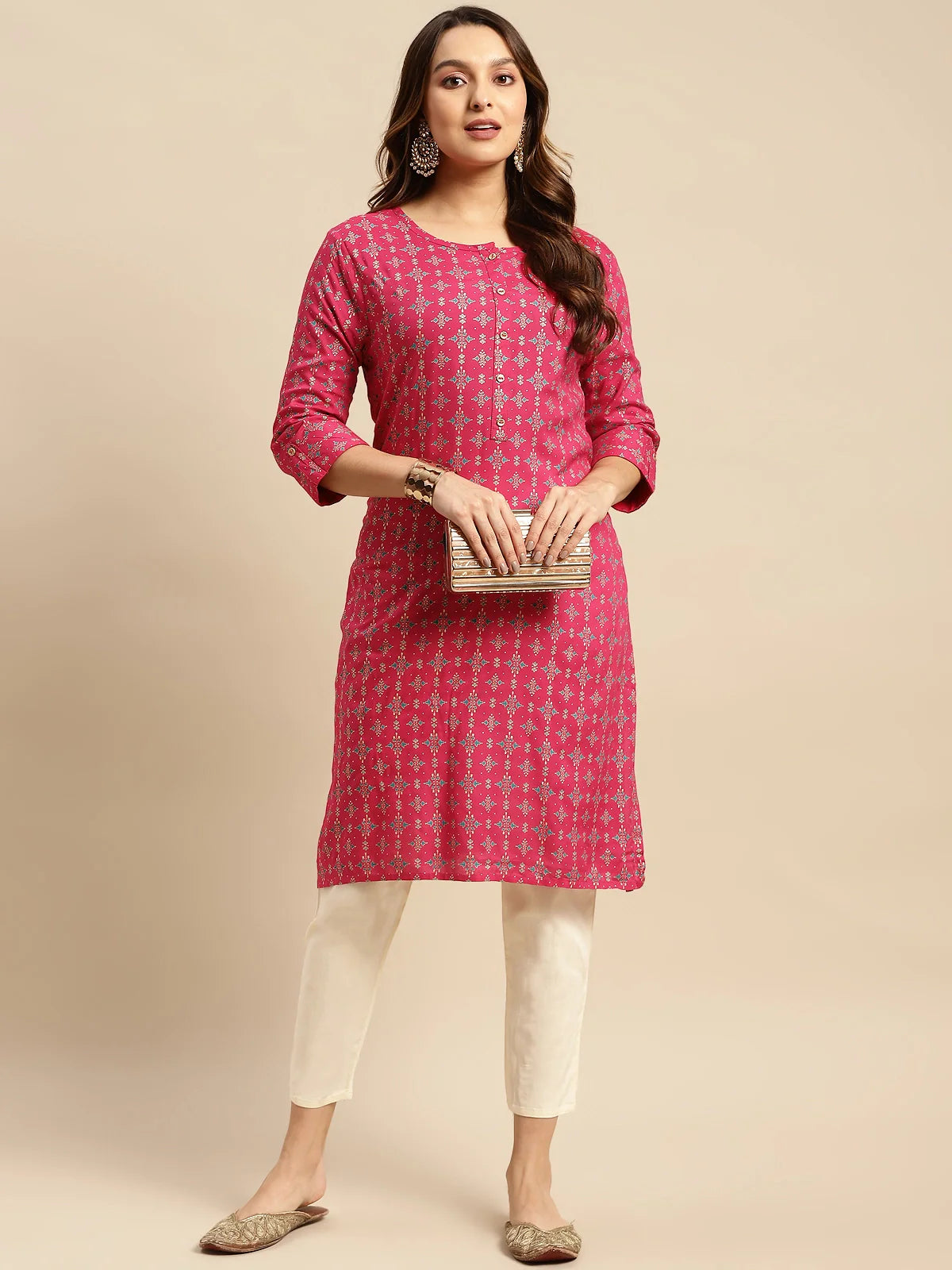 Buy Rayon Gold Printed Calf Length Straight Kurta-Pink