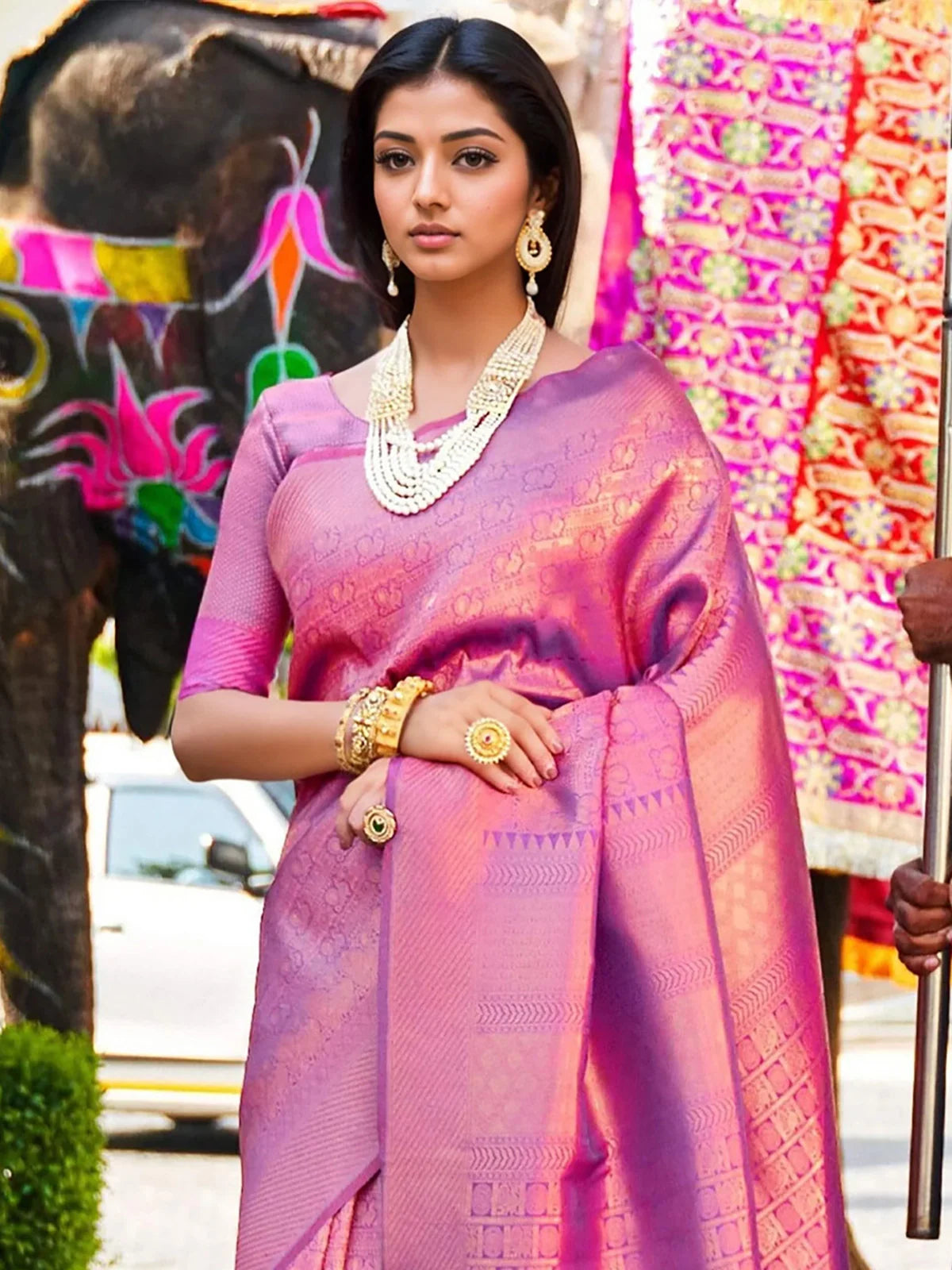 Buy Zari Work Woven Banarasi Silk Saree With Blouse Piece-Mauve