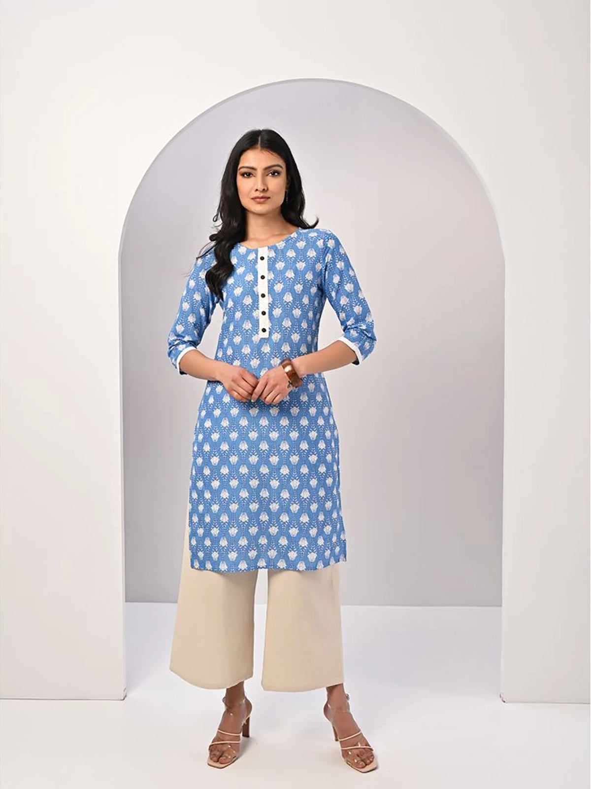 Buy 100% Cotton Floral Printed Knee Length Straight Kurta-Blue