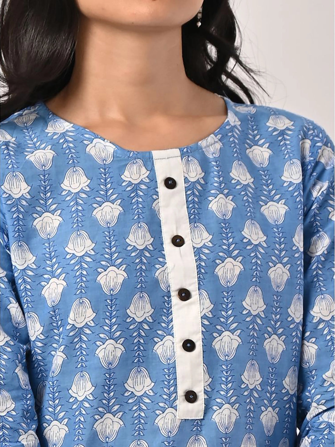 Buy 100% Cotton Floral Printed Knee Length Straight Kurta-Blue