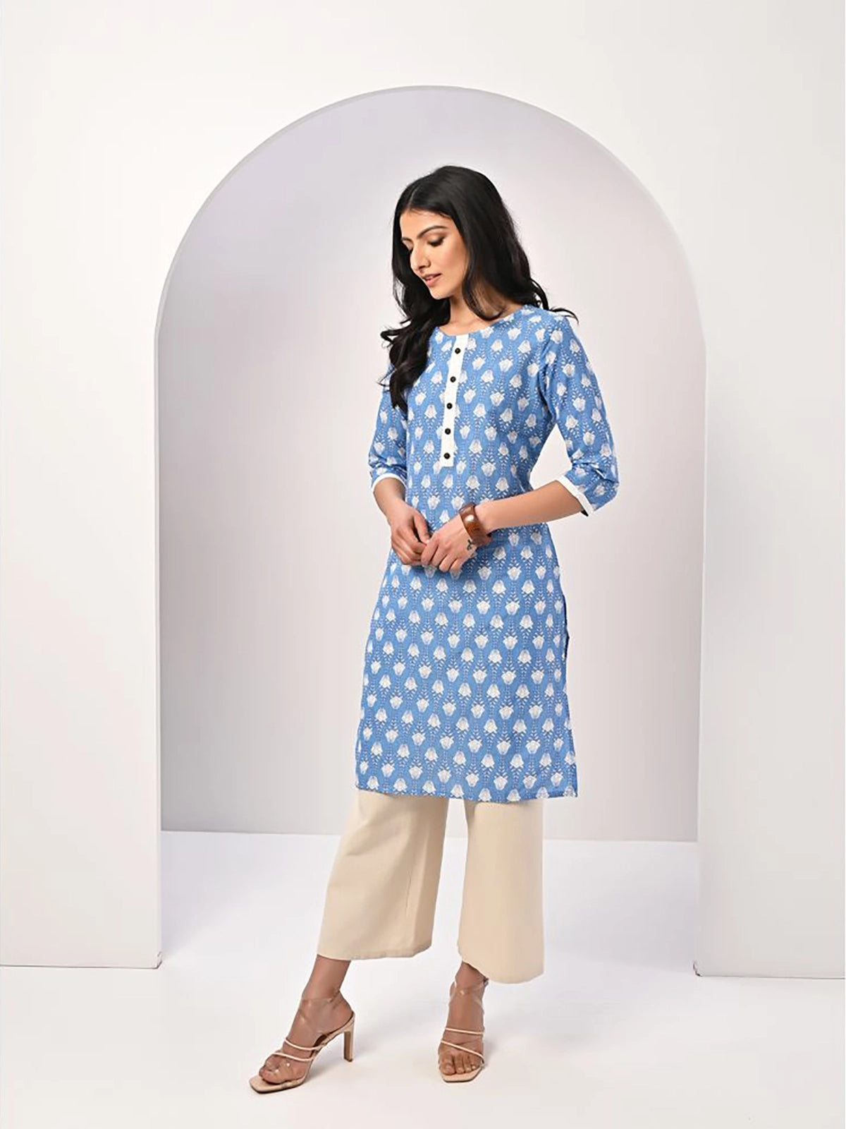 Buy 100% Cotton Floral Printed Knee Length Straight Kurta-Blue