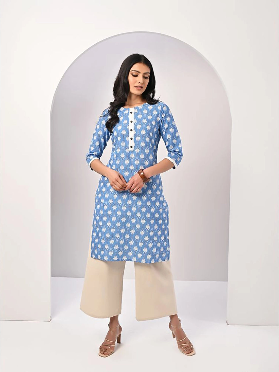 Buy 100% Cotton Floral Printed Knee Length Straight Kurta-Blue