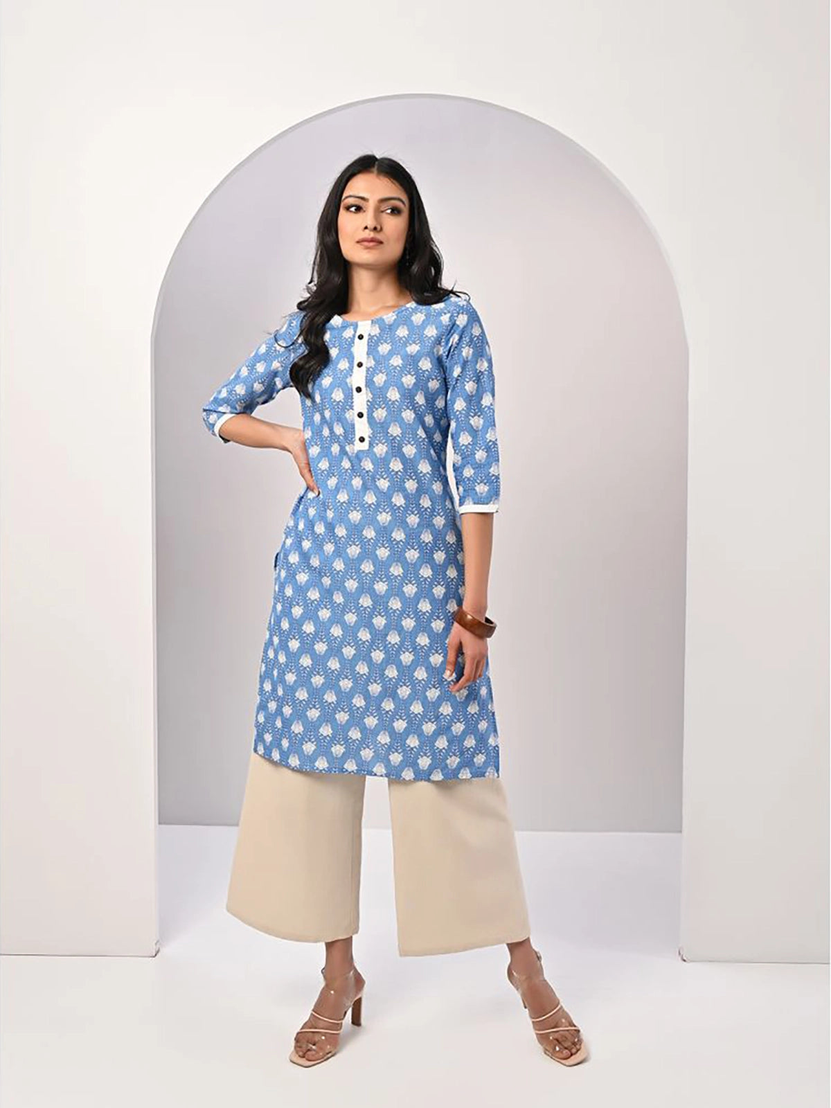 Buy 100% Cotton Floral Printed Knee Length Straight Kurta-Blue