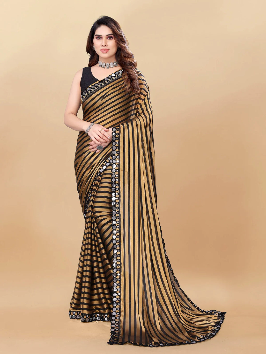 Buy Striped Georgette Embellished Saree With Blouse Piece-Gold